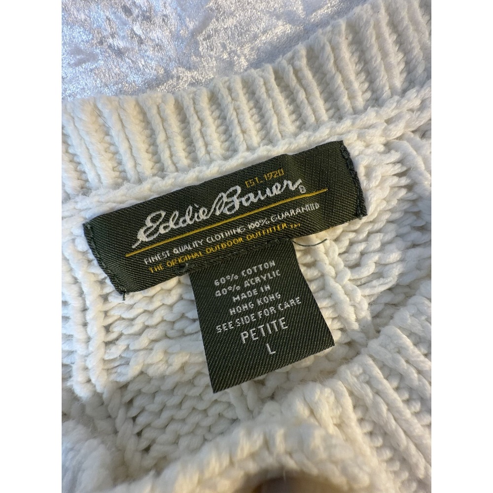 Vintage Y2K Eddie Bauer Womens L Petite Cable Knit Cardigan Sweater Ivory - Picture 2 of 8